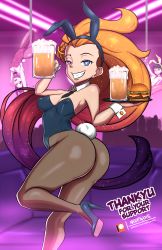 Rule 34 | 1girl, absurdres, alcohol, ass, beer, breasts, burger, fishnet pantyhose, fishnets, high heels, highres, league of legends, leotard, long hair, nightmare hdraw, nipples visible through clothes, pantyhose, playboy bunny, very long hair, zoe (league of legends)