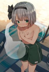 Rule 34 | 1girl, absurdres, beach, beach towel, blush, commentary request, covering privates, covering breasts, crossdressing, drawstring, feet out of frame, flat chest, from above, green male swimwear, green swim trunks, hairband, highres, konpaku youmu, looking at viewer, male swimwear, male swimwear challenge, mamemochi, short hair, silver hair, solo, sweatdrop, swim trunks, swimsuit, topless, touhou, towel, wavy mouth
