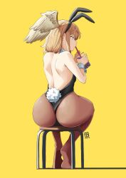 Rule 34 | 1girl, alternate costume, ass, ass focus, automatic giraffe, bare shoulders, blonde hair, blue eyes, breasts, cup, drink, drinking, drinking glass, drinking straw, eunie (xenoblade), from behind, head wings, highres, huge ass, leotard, long hair, pantyhose, playboy bunny, rabbit ears, rabbit tail, sideboob, sitting, small breasts, solo, stool, tail, thong leotard, wings, xenoblade chronicles (series), xenoblade chronicles 3