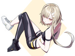 Rule 34 | 1girl, arknights, arm strap, asymmetrical clothes, asymmetrical footwear, bandeau, bare shoulders, beudelb, black footwear, black pants, blonde hair, commentary, firewhistle (arknights), hair ornament, hairclip, highres, leggings, long hair, looking at viewer, mismatched footwear, pants, shoes, single pantsleg, sneakers, solo, strapless, thigh strap, tube top, white background, white footwear, yellow eyes