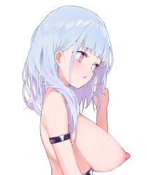 Rule 34 | 1girl, :o, arm strap, azur lane, blue hair, blunt bangs, blush, breasts, dido (azur lane), embarrassed, from side, hand up, large breasts, long hair, looking away, nipples, open mouth, playing with own hair, prpr friends, purple eyes, simple background, solo, topless, upper body, white background