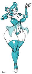 Rule 34 | 1girl, absurdres, android, blue hair, breasts, cleavage, gausscannon, highres, huge breasts, jenny wakeman, joints, lingerie, my life as a teenage robot, robot joints, screw, thick thighs, thighhighs, thighs, twintails, underwear, wide hips