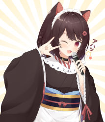 Rule 34 | 1girl, ;d, \m/, absurdres, animal ears, apron, black collar, black hair, black kimono, brown eyes, collar, commentary request, dog ears, fangs, flower, hair flower, hair ornament, highres, holding, holding microphone, inui toko, japanese clothes, kimono, long sleeves, maid, microphone, nijisanji, obi, one eye closed, open mouth, red flower, roido (taniko-t-1218), sash, seikan hikou, smile, solo, star (symbol), sunburst, sunburst background, translation request, upper body, virtual youtuber, wa maid, waist apron, white apron, wide sleeves