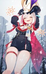 Rule 34 | 1girl, :d, animal, belt, black gloves, black jacket, black skirt, blush, bracelet, breasts, buttons, chawarabi, closed eyes, collared shirt, day, double-breasted, facing viewer, feet out of frame, forest, gloves, highres, holding, holding animal, honkai: star rail, honkai (series), jacket, jewelry, knees together feet apart, long sleeves, medium breasts, mole, mole on thigh, nature, open clothes, open jacket, open mouth, outdoors, pencil skirt, red belt, shirt, side slit, skin tight, skindentation, skirt, smile, snowing, solo, squeans, teeth, thick thighs, thigh belt, thigh strap, thighs, topaz (honkai: star rail), tree, trotter (honkai: star rail), upper teeth only, white shirt