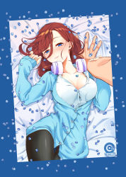 Rule 34 | 1boy, 1girl, bed sheet, black pantyhose, blue cardigan, blue eyes, blush, breasts, brown hair, cardigan, cleavage, coin44, collared shirt, commentary request, go-toubun no hanayome, hair between eyes, headphones, headphones around neck, highres, holding another&#039;s arm, large breasts, long hair, looking at viewer, lying, nakano miku, on back, outstretched arm, pantyhose, parted lips, petals, shirt, sleeves past wrists, solo focus, sweatdrop, unbuttoned, white shirt