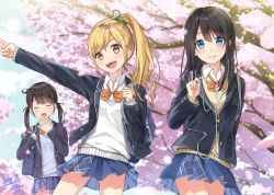 Rule 34 | 3girls, black hair, blazer, blonde hair, blue eyes, bow, bowtie, brown hair, cherry blossoms, collared shirt, commentary request, closed eyes, jacket, long hair, long sleeves, looking at viewer, miko fly, multiple girls, necktie, original, plaid, plaid skirt, pleated skirt, red neckwear, school uniform, shirt, side ponytail, skirt, smile, spring (season), twintails, uniform, yawning, yellow eyes