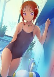 Rule 34 | 1girl, bird, blue one-piece swimsuit, blush, collarbone, commentary request, commission, competition school swimsuit, cowboy shot, elpeo puru, flat chest, gundam, gundam zz, highres, looking at viewer, one-piece swimsuit, orange hair, penguin, plant, ponytail, poolside, potted plant, purple eyes, school swimsuit, short hair, skeb commission, smile, sody, solo, swimsuit, wet, window