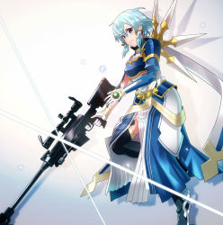 Rule 34 | 1girl, anti-materiel rifle, armor, black footwear, black thighhighs, blue armor, blue eyes, blue hair, bolt action, boots, breastplate, closed mouth, faulds, gloves, gun, hair between eyes, highres, is ii, pgm hecate ii, rifle, short hair, shoulder armor, sidelocks, sinon (solus), sniper rifle, solo, sword art online, sword art online: alicization, thigh boots, thighhighs, weapon, white background, white gloves