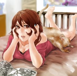 Rule 34 | 1girl, bad id, bad pixiv id, barefoot, bed, blue nails, breasts, brown eyes, brown hair, cat, cleavage, collarbone, fingernails, large breasts, lips, lying, multicolored nails, nail, nail art, nail polish, noisy town, original, pink nails, solo, sweater