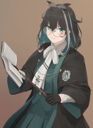 1girl atsushima black_gloves black_hair black_robe blue_eyes blue_hair blush book bow bowtie brown_background commentary_request cowboy_shot glasses gloves grey-framed_eyewear grey_hair grin hair_between_eyes highres hogwarts_legacy holding holding_book holding_wand looking_at_viewer medium_bangs medium_hair multicolored_hair nanashi_inc. open_book oura_rukako robe round_eyewear scarf shirt simple_background slytherin smile solo virtual_youtuber wand white_bow white_bowtie white_scarf white_shirt wizarding_world