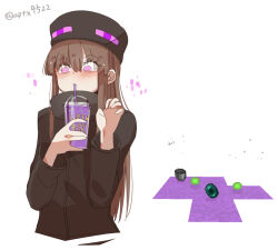 Rule 34 | 1girl, ander (at2.), at2., black headwear, blush, brown hair, closed mouth, cup, disposable cup, drinking straw, enderman, grimace shake (meme), holding, holding cup, long hair, long sleeves, meme, milkshake, minecraft, personification, purple eyes, purple liquid