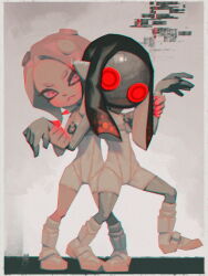 Rule 34 | 2girls, :&lt;, agent 8 (splatoon), arm up, artist name, bellhenge, black hair, bodysuit, boots, border, closed mouth, colored skin, commentary, english commentary, full body, glitch, grey hair, grey skin, holding another&#039;s wrist, jelleton, kneehighs, long hair, looking at another, mask, multicolored hair, multiple girls, nintendo, octoling, octoling girl, octoling player character, parallel canon (splatoon), pink eyes, pointy ears, red eyes, red hair, sleeveless, sleeveless bodysuit, socks, splatoon (series), splatoon 3, splatoon 3: side order, standing, standing on one leg, suction cups, tentacle hair, two-tone hair, white bodysuit, white border, white footwear, white socks