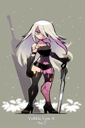 Rule 34 | 1girl, absurdres, android, black camisole, black gloves, black panties, black shirt, black shorts, blouse, blue eyes, breasts, camisole, character name, elbow gloves, gloves, grey background, grey hair, hair between eyes, halftone, highres, holding, holding sword, holding weapon, huge weapon, joints, long hair, midriff, mole, mole under mouth, nier (series), nier:automata, one eye covered, panties, rariatto (ganguri), robot joints, shirt, shorts, simple background, solo, standing, sword, thigh gap, toeless footwear, toeless legwear, toes, torn clothes, torn shirt, underwear, weapon, white hair, a2 (nier:automata)