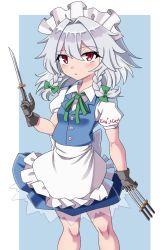 Rule 34 | 1girl, aged down, apron, black gloves, blue background, bow, braid, closed mouth, clothes writing, doku yanagi, gloves, green bow, grey hair, hair bow, highres, holding, holding knife, izayoi sakuya, knife, looking at viewer, maid, maid day, maid headdress, outside border, red eyes, short sleeves, side braid, smile, solo, standing, touhou, twin braids, waist apron, white apron