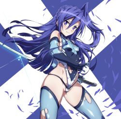 Rule 34 | 10s, 1girl, absurdres, blue hair, blue theme, blush, breasts, cameltoe, covered erect nipples, covered navel, cowboy shot, elbow gloves, feathers, gloves, hair ornament, highres, holding, holding sword, holding weapon, katana, kazanari tsubasa, leotard, long hair, looking at viewer, niko (tama), purple eyes, reverse grip, senki zesshou symphogear, shiny clothes, shiny skin, side ponytail, skin tight, skindentation, small breasts, smile, solo, standing, sword, thighhighs, torn clothes, torn leotard, torn thighhighs, weapon