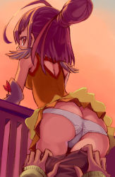 Rule 34 | 10s, 1girl, ass, assisted exposure, bad id, bad pixiv id, brown eyes, brown hair, clothes pull, cure sunny, dress, from behind, hino akane (smile precure!), looking back, orange theme, panties, pants, pants pull, pantsing, pantyshot, potepote, precure, pulling another&#039;s clothes, red shorts, shorts, skirt, smile precure!, solo focus, underwear, upskirt