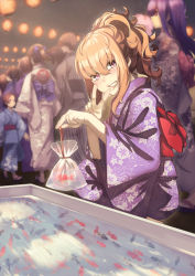 Rule 34 | 1girl, absurdres, bag, blurry, blurry background, brown hair, commentary request, depth of field, fish, floral print, goldfish, grin, highres, japanese clothes, kimono, looking at viewer, motsu (onli neet), obi, original, pink eyes, plastic bag, sash, smile, solo focus, squatting, v, water, yukata