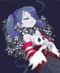 Rule 34 | 1girl, 2016, 770mk, blue background, blue hair, blue skin, collarbone, colored skin, corset, detached collar, dress, closed eyes, flower, hair over one eye, lying, own hands together, skullgirls, solo, squigly (skullgirls), stitches, striped, twintails, zombie