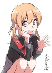 Rule 34 | 1girl, aqua eyes, blonde hair, cross, highres, iron cross, kantai collection, long hair, low twintails, military uniform, niina (purin gyunyu), prinz eugen (kancolle), simple background, smile, solo, squatting, twintails, twitter username, uniform, waving, white background