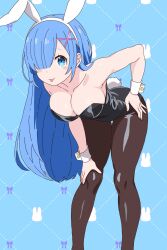 10s 1girl :p absurdres animal_ears between_legs black_bow black_footwear black_leotard black_pantyhose blue_background blue_eyes blue_hair bow breasts bunny_pattern choker cleavage collarbone fake_animal_ears full_body hair_over_one_eye hairband highres large_breasts leaning_forward leotard looking_at_viewer pantyhose playboy_bunny rabbit_ears rabbit_tail re:zero_kara_hajimeru_isekai_seikatsu rem_(re:zero) short_hair simple_background solo split standing standing_on_one_leg standing_split tail tongue tongue_out white_hairband wrist_cuffs