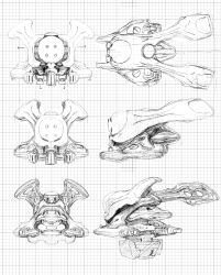 Rule 34 | arrow (symbol), character sheet, code geass, greyscale, grid background, head only, highres, knightmare frame, mecha, monochrome, multiple views, production art, profile, robot, straight-on, sutherland (code geass), yasuda akira