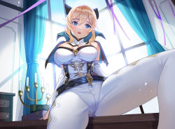 Rule 34 | 1girl, bare shoulders, belt, black belt, black bow, blonde hair, blue capelet, blue eyes, bow, breasts, candle, candlestand, capelet, crotch seam, curtains, desk, detached sleeves, genshin impact, hair between eyes, hair bow, highres, indoors, jean (genshin impact), large breasts, long hair, looking at viewer, on desk, pants, ponytail, sidelocks, siha, sitting, on desk, solo, spread legs, white pants, window