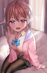 Rule 34 | ahoge, bed, between legs, blush, bow, bowtie, breasts, brown hair, chigusa minori, collarbone, commentary request, dress shirt, hair bow, hand between legs, jacket, large breasts, looking at viewer, miniskirt, mole, mole on collarbone, nail polish, off shoulder, open clothes, open jacket, open mouth, original, pantyhose, pink eyes, pink jacket, pink nails, presenting, school uniform, shirt, short hair, skirt, smile, yellow shirt