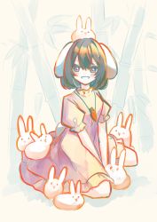 Rule 34 | 1girl, :d, animal, animal ears, animal on head, arm support, bad id, bad twitter id, between legs, black hair, blush, carrot necklace, commentary, dress, full body, hair between eyes, hand between legs, highres, inaba mob (touhou), inaba tewi, jewelry, looking at viewer, medium hair, necklace, on head, open mouth, pink dress, puffy short sleeves, puffy sleeves, rabbit ears, rabbit girl, rabbit tail, red eyes, sabatuki, short sleeves, sitting, smile, solo, tail, touhou, wariza