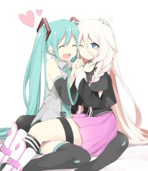 Rule 34 | 2girls, aqua hair, belt boots, black legwear, blonde hair, blue eyes, boots, braid, buckle, cheek-to-cheek, choker, closed eyes, commentary, detached sleeves, hair ornament, hair over shoulder, hand on another&#039;s head, hatsune miku, heads together, heart, highres, ia (vocaloid), interlocked fingers, kneehighs, long hair, multiple girls, naruto maki, necktie, one eye closed, open mouth, pleated skirt, simple background, single braid, sitting, sitting on person, skirt, smile, socks, thighhighs, twintails, very long hair, vocaloid, white background, yuri