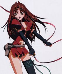 Rule 34 | 00s, 1girl, belt, cross, eclair (kiddy grade), elbow gloves, gloves, gun, highres, kadonosono megumi, kiddy grade, lace, long hair, open mouth, red hair, smile, solo, thighhighs, weapon, yellow eyes