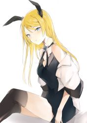 Rule 34 | 1girl, animal ears, bare shoulders, black dress, black thighhighs, blonde hair, blue eyes, chain, closed mouth, dress, eyebrows hidden by hair, highres, jacket, knees up, long hair, lpip, off shoulder, open clothes, open jacket, original, rabbit ears, short sleeves, sitting, sleeveless, sleeveless dress, solo, thighhighs, very long hair, white background, white jacket