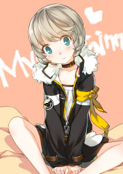 Rule 34 | 1boy, :&gt;, androgynous, blue eyes, blush, character name, choker, closers, highres, jacket, male focus, mistilteinn (closers), ress, short hair, shorts, silver hair, smile, solo, trap