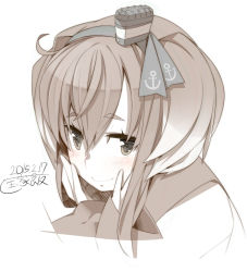 Rule 34 | 10s, 1girl, hands on own cheeks, hands on own face, hat, highres, kantai collection, kokka han, looking at viewer, monochrome, short hair, smile, solo, tokitsukaze (kancolle)
