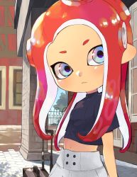 Rule 34 | 1girl, arms at sides, black shirt, blue eyes, day, highres, kinagi (3307377), long hair, luggage, midriff, navel, nintendo, octoling, octoling girl, octoling player character, outdoors, pillar, pointy ears, red hair, road, rolling suitcase, shirt, skirt, solo, splatoon (series), splatoon 1, splatoon 2, standing, street, suitcase, tentacle hair, tree, upper body, white skirt, window