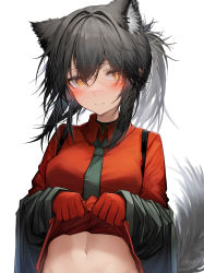 Rule 34 | 1girl, absurdres, animal ears, arknights, black hair, black necktie, bottomless, brown eyes, clothes lift, collared shirt, commentary request, hair between eyes, highres, lifting own clothes, looking at viewer, looking to the side, navel, necktie, red shirt, shirt, shirt lift, short hair, sidelocks, simple background, solo, stethoscope, tab head, tail, texas (arknights), texas (willpower) (arknights), upper body, white background, wolf ears, wolf tail