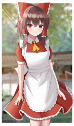 Rule 34 | 1girl, absurdres, adapted costume, alternate costume, aohane, apron, ascot, blurry, blurry background, blurry foreground, bow, brown hair, depth of field, enmaided, frilled bow, frills, hair bow, hair tubes, hakurei reimu, highres, looking at viewer, maid, red skirt, skirt, smile, solo, touhou