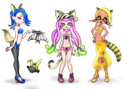 Rule 34 | 3girls, :3, alternate costume, animal ears, arms at sides, big man (splatoon), black pantyhose, blonde hair, blue bow, blue bowtie, blue bra, blue footwear, blue panties, blunt bangs, blush, bow, bow panties, bowtie, bra, breasts, brown hairband, cat ears, cat tail, cephalopod eyes, cleavage, closed mouth, clothing cutout, clownfish, collarbone, cross-laced footwear, crossed legs, dark-skinned female, dark skin, detached collar, drooling, earrings, eyeliner, fake animal ears, fake tail, fangs, female focus, fish, folded fan, folding fan, forehead, fox ears, fox tail, frilled panties, frills, frye (splatoon), full body, gluteal fold, green eyes, green hair, groin, hair ornament, hair over one eye, hair tie, hairband, hand fan, hand up, hands on own hips, happy, harmony&#039;s clownfish (splatoon), harmony (splatoon), head tilt, heart, high heels, highres, holding, holding fan, inkling, jewelry, koharu2.5, light blush, long hair, looking at viewer, makeup, medium hair, mouth drool, multicolored eyes, multicolored hair, multiple earrings, multiple girls, navel, neck ribbon, nintendo, nontraditional playboy bunny, octoling, one eye covered, open mouth, panties, pants, pantyhose, paper fan, pigeon-toed, pink bra, pink footwear, pink hair, pink panties, pink ribbon, pointy ears, puffy pants, purple eyes, rabbit ears, raccoon ears, raccoon tail, red eyeliner, red eyes, ribbon, see-through pants, shiver (splatoon), shoes, sidelocks, simple background, small breasts, smile, sneakers, splatoon (series), splatoon 3, standing, stomach, strapless, strapless bra, striped, striped headwear, striped tail, suction cups, tail, tail ornament, tail ring, teeth, tentacle hair, tentacles, tongue, traditional bowtie, two-tone hair, underwear, very long hair, watson cross, white background, wrist cuffs, x hair ornament, yellow bow, yellow bowtie, yellow bra, yellow footwear, yellow hairband, yellow headwear, yellow panties, yellow pants