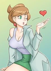 Rule 34 | 1girl, absurdres, aurea juniper, blowing kiss, breasts, brown hair, cleavage, coat, collarbone, creatures (company), earrings, female focus, game freak, gradient background, green eyes, green skirt, hand up, heart, highres, jewelry, large breasts, lips, nauth, nintendo, off shoulder, one eye closed, open mouth, outline, pencil skirt, pokemon, pokemon bw, shirt, short hair, simple background, sitting, skirt, sleeveless, sleeveless shirt, solo, tank top, wink