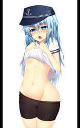 Rule 34 | 10s, 1girl, aqua hair, belly, bike shorts, blue eyes, blue hair, blush, breasts, clothes lift, hat, hibiki (kancolle), kantai collection, long hair, matching hair/eyes, navel, open mouth, pillarboxed, shirt lift, simple background, small breasts, solo, stomach, suteba (grzjkbhgf), underboob, wide hips