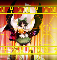 Rule 34 | 1girl, arm cannon, black hair, black wings, bow, cape, caution, female focus, hair bow, highres, kurosukey, long hair, radiation symbol, red eyes, reiuji utsuho, smile, solo, touhou, weapon, wings