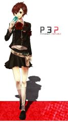 Rule 34 | 1girl, atlus, bad id, bad pixiv id, bow, brown hair, buzz (moi), card, female focus, full body, gun, hair ornament, hairclip, headphones, holding, holding card, persona, persona 3, persona 3 portable, school uniform, shiomi kotone, short hair, skirt, smile, solo, weapon, white background