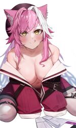 1girl :q absurdres animal_ears arm_belt armpit_crease bags_under_eyes blush breasts cleavage closed_mouth coat coat_lift collarbone commentary english_commentary hair_intakes hat heart heart_in_eye highres hololive hololive_english korotea large_breasts long_hair multicolored_hair navel no_bra panther_ears panther_girl pink_coat pink_hair pink_hat raora_panthera raora_panthera_(1st_costume) revision simple_background sitting sleeves_past_fingers sleeves_past_wrists smile solo stomach streaked_hair symbol_in_eye thighhighs thighs tongue tongue_out two-tone_hair unworn_vest very_long_sleeves virtual_youtuber wariza white_hair white_thighhighs yellow_eyes