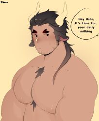 Rule 34 | 1boy, animal ears, bara, belly, blush, bright pupils, chest jewel, chest tuft, cow boy, cow ears, cow horns, dark-skinned male, dark skin, english text, facial hair, forked eyebrows, goatee, highres, horns, large pectorals, long sideburns, male focus, muscular, muscular male, nipples, nude, original, pectorals, puffy chest, short hair, sideburns, solo, stubble, sweatdrop, taco (el tacc0), upper body, ushi (taco)
