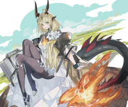 Rule 34 | 1girl, arknights, bag, blonde hair, briefcase, coat, dragon girl, dragon horns, dragon tail, dress, echj, fiery tail, flame-tipped tail, flower, hair flower, hair ornament, highres, horns, infection monitor (arknights), knees up, light in heart, long hair, open clothes, open coat, reed (arknights), reed the flame shadow (arknights), sitting, smile, tail, white dress, yellow eyes