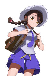 Rule 34 | 1girl, absurdres, backpack, baeming, bag, braid, breast pocket, brown bag, brown eyes, brown hair, closed mouth, collared shirt, commentary request, cowboy shot, creatures (company), eyelashes, game freak, grey hat, hat, highres, holding strap, juliana (pokemon), necktie, nintendo, pocket, pokemon, pokemon sv, purple necktie, purple shorts, shirt, shorts, simple background, smile, solo, white background