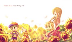 Rule 34 | 1girl, 3boys, backpack, bad id, bad pixiv id, bag, baseball cap, black hair, blonde hair, brown hair, buckle, claus (mother 3), dress, english text, field, flower, flower field, hat, hinawa, holding hands, jewelry, juliet sleeves, light, long hair, long sleeves, lucas (mother 3), mother (game), mother 2, mother 3, multiple boys, ness (mother 2), nintendo, open mouth, orange hair, pointing, puffy sleeves, quiff, ring, sanaknim, shirt, smile, spoilers, striped clothes, striped shirt, sunflower, sunflower field, transparent, v arms, wristband