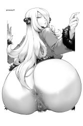 Rule 34 | 1girl, anal hair, anus, ass, back, backboob, bottomless, breasts, censored, creatures (company), curvy, cynthia (pokemon), female pubic hair, from behind, game freak, greyscale, hair over one eye, highres, huge ass, jacket, large breasts, lips, long hair, looking at viewer, looking back, monochrome, mosaic censoring, nintendo, orushibu, parted lips, plump, pokemon, pubic hair, pussy, simple background, solo, transparent background, wide hips