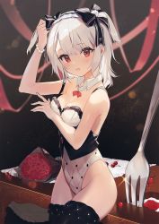 Rule 34 | 1girl, black ribbon, black thighhighs, blush, bouquet, bracelet, breasts, cleavage, collar, cona kinaco, dessert, feet out of frame, flower, food, fork, hair ribbon, highres, jewelry, leotard, looking at viewer, medium breasts, open mouth, original, red eyes, ribbon, rose, short hair, sidelocks, sitting, sitting on table, solo, table, thighhighs, thighs, white hair