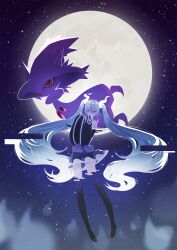 Rule 34 | 1girl, aqua hair, black thighhighs, commentary, creatures (company), detached sleeves, floating, full moon, game freak, gen 4 pokemon, ghost, ghost miku (project voltage), glitch, gradient hair, hair between eyes, hatsune miku, highres, long hair, looking at viewer, mismagius, moon, multicolored hair, night, night sky, nintendo, pokemon, pokemon (creature), project voltage, see-through, see-through skirt, skirt, sky, sleeves past fingers, sleeves past wrists, star (sky), starry sky, thighhighs, twintails, very long hair, vocaloid, will-o&#039;-the-wisp (mythology), yellow eyes, yo (user pytw8752)