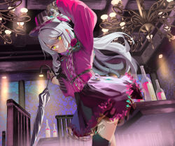 Rule 34 | 1girl, arm up, black thighhighs, black umbrella, blonde hair, bottle, brown gloves, ceiling light, closed mouth, closed umbrella, commentary request, garter straps, gloves, grey hair, hair between eyes, half gloves, highres, holding, holding umbrella, indoors, long sleeves, looking at viewer, original, pink shirt, puffy long sleeves, puffy sleeves, purple skirt, purple theme, saraki, shirt, skirt, smile, solo, thighhighs, umbrella